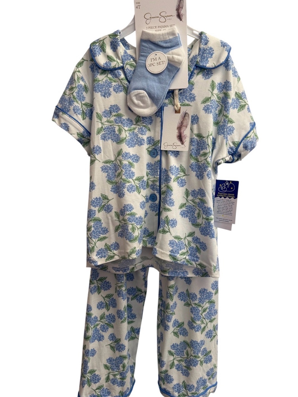Jessica Simpson Blue and White Floral 3-Piece Pajama Set with Socks